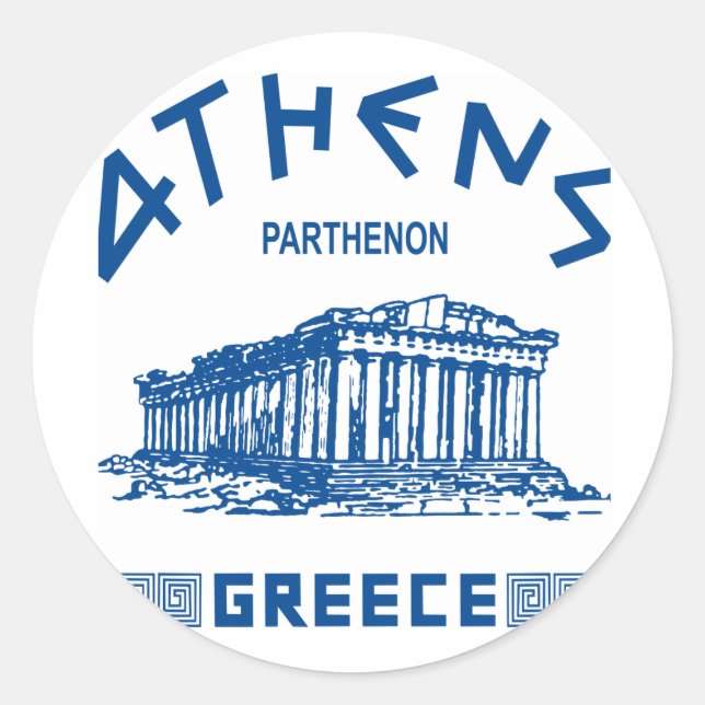 Parthenon - Aten - Grek (blått) Runt Klistermärke (Framsida)