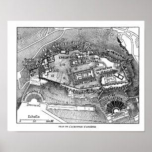 Parthenon i den Athens kartan Poster