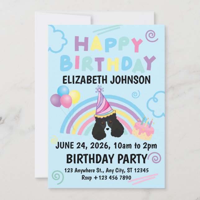 Parti Poodle Birthday Invitation in Blue Inbjudningar (Framsida)