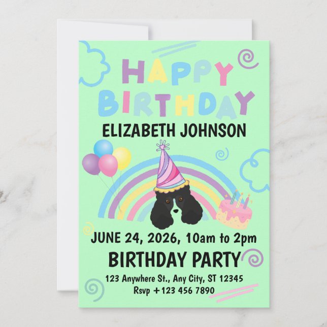 Parti Poodle Birthday Invitation in Green Inbjudningar (Framsida)
