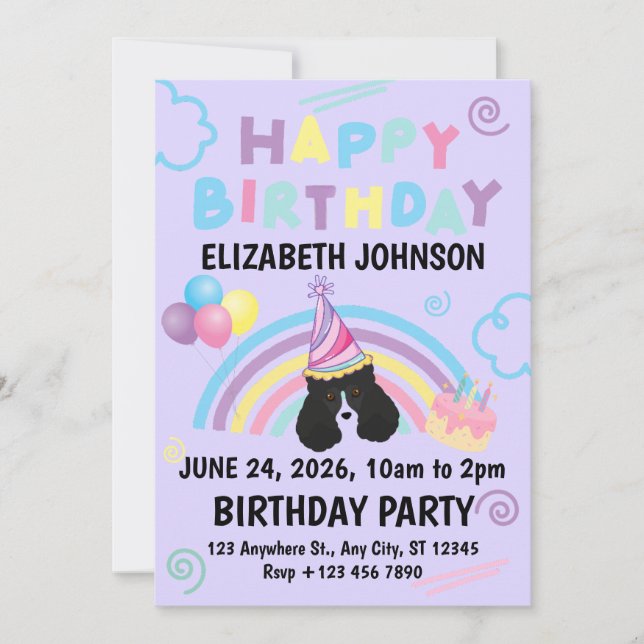 Parti Poodle Birthday Invitation in Purple Inbjudningar (Framsida)