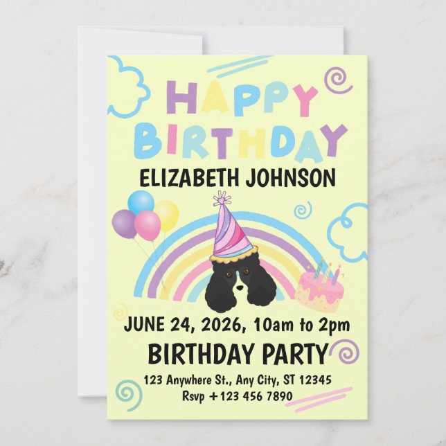 Parti Poodle Birthday Invitation in Yellow Inbjudningar (Framsida)