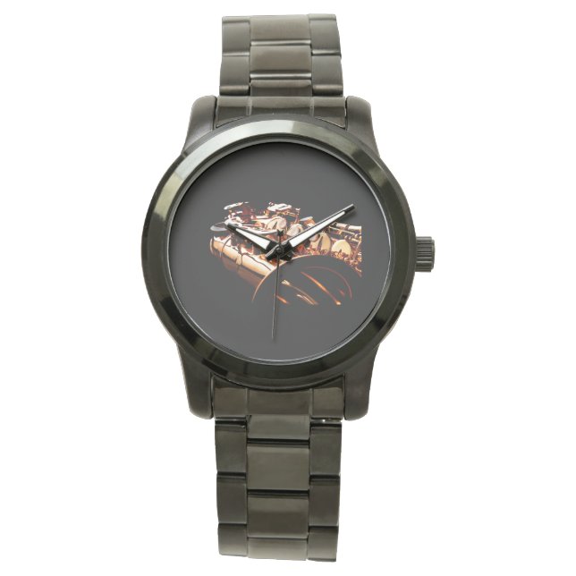 Partiell bild av en saxofon på en armbandsur (Framsida)