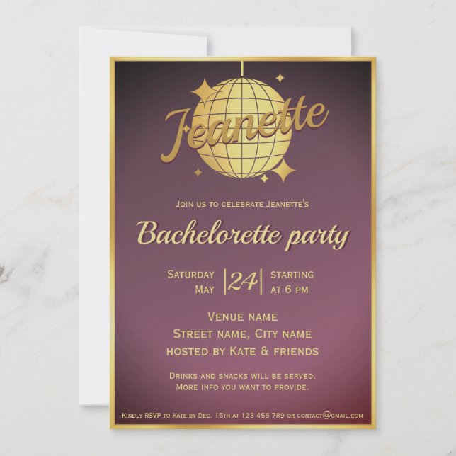 Partiet Lavender guld disco boll bachelorette Inbjudningar (Framsida)