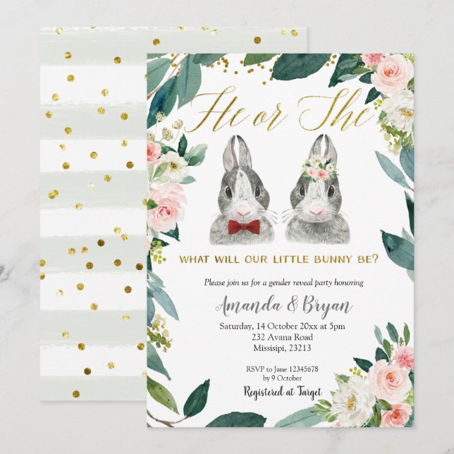 Partiinbjudan för Lilla Bunny Gender Reveal Inbjudningar (Fram/baksida)