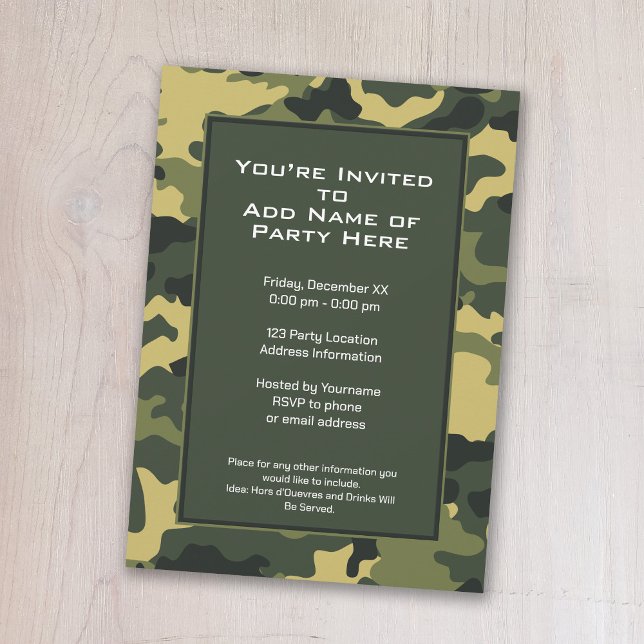 Partiinbjudan: Gröntens militära kamouflage Inbjudningar (A camouflage print birthday party invitation)