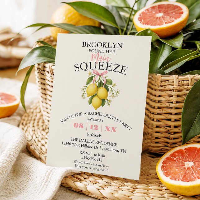 Partiinbjudan till Lemon Main Squeeze Bachelorette Inbjudningar (Main Squeeze Lemon Bachelorette Party Invitation (Shown with Pointed Corners))