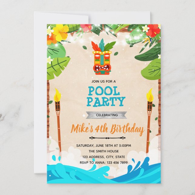 Partiinbjudan till Tiki luau bassäng Inbjudningar (Framsida)