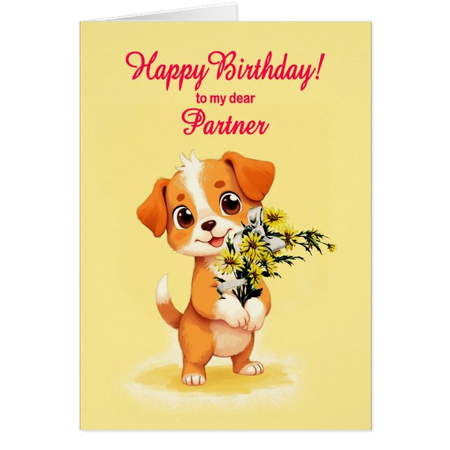 Partner Birthday Puppy and Flowers Hälsningskort (Framsidan)