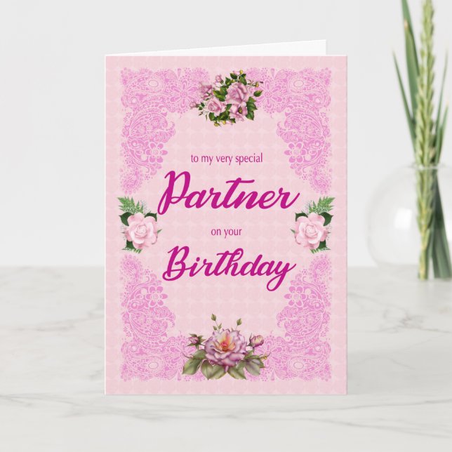 Partner-födelsedag med Rosa ros-kort Kort (Framsida)
