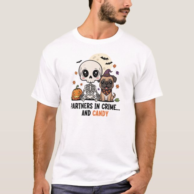 Partner i Crime Skeleton & Hund Halloween Tee (Framsida)
