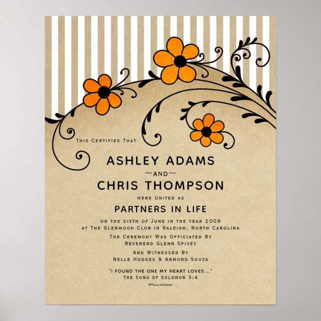 "Partners in Life Modern Boho Bröllop Certificate Poster (Framsidan)