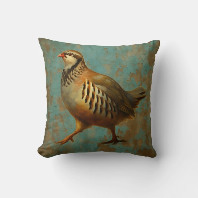 Partridge against blue / gold background cushion kudde (Framsida)