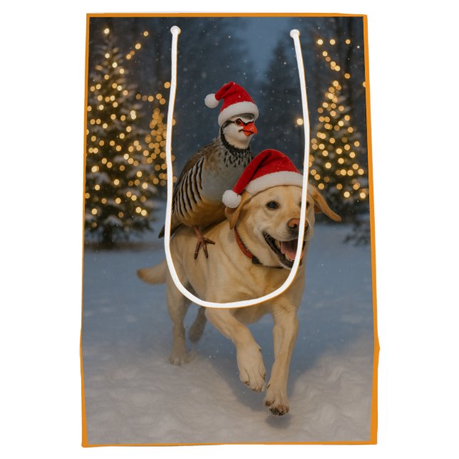 Partridge riding yellow labrador Christmas card (Baksidan)