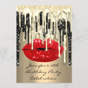 Party 16:e Läppar Kiss Black Red Glitter Drips Inbjudningar