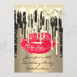 Party 16:e Läppar Kiss Black Red Glitter Drips Inbjudningar