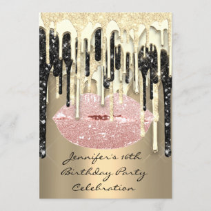Party 16:e Läppar Kiss Black Ro Glitter Drips Inbjudningar