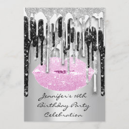 Party 16:e Läppar Kiss Black Rosa Glitter Drips Inbjudningar