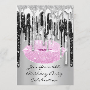 Party 16:e Läppar Kiss Black Rosa Glitter Drips Inbjudningar