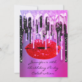 Party 16:e Läppar Kiss Black Rosa Glitter Drips Inbjudningar
