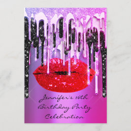 Party 16:e Läppar Kiss Black Rosa Glitter Drips Inbjudningar