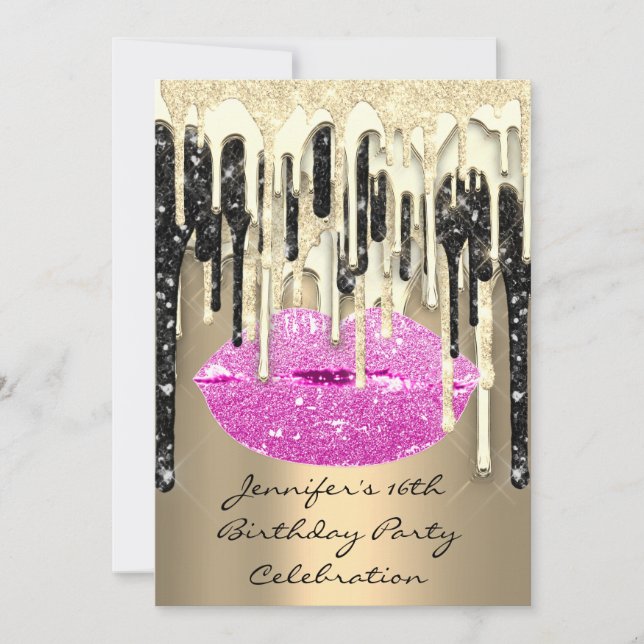 Party 16:e Läppar Kiss Black Rosa Glitter Drips Inbjudningar (Framsida)
