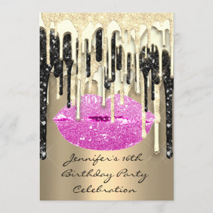 Party 16:e Läppar Kiss Black Rosa Glitter Drips Inbjudningar