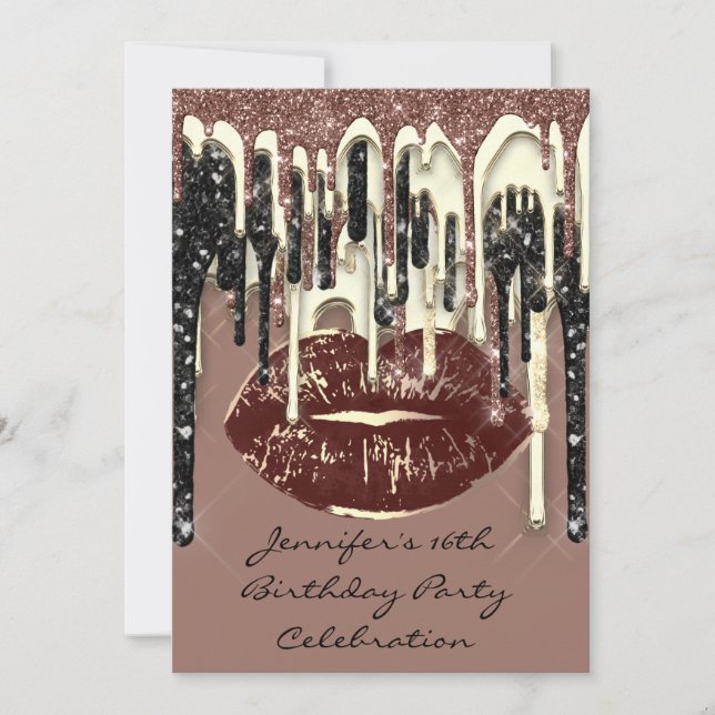 Party 16:e Läppar Kiss Brown Chocolate Glitter Dri Inbjudningar (Framsida)