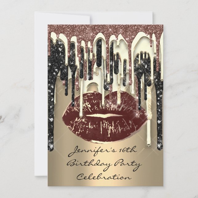 Party 16:e Läppar Kiss Brown Coffee Glitter Drips Inbjudningar (Framsida)