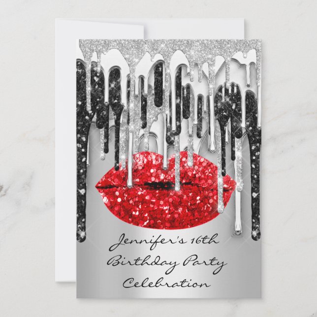 Party 16:e Red Läppar Kiss Black Grått Glitter-dri Inbjudningar (Framsida)