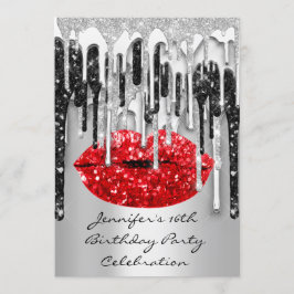 Party 16:e Red Läppar Kiss Black Grått Glitter-dri Inbjudningar