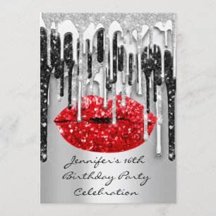Party 16:e Red Läppar Kiss Black Grått Glitter-dri Inbjudningar