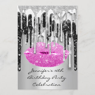 Party 16:e Red Läppar Kiss Black Rosa Glitter Drip Inbjudningar