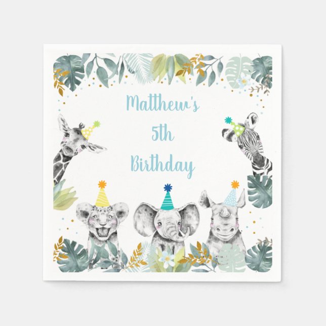 Party Animal Blue Guld Safari Birthday Pappersservett (Framsidan)