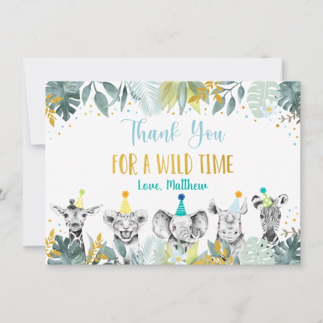 Party Animal Blue Guld Safari Birthday Tack Kort (Framsida)