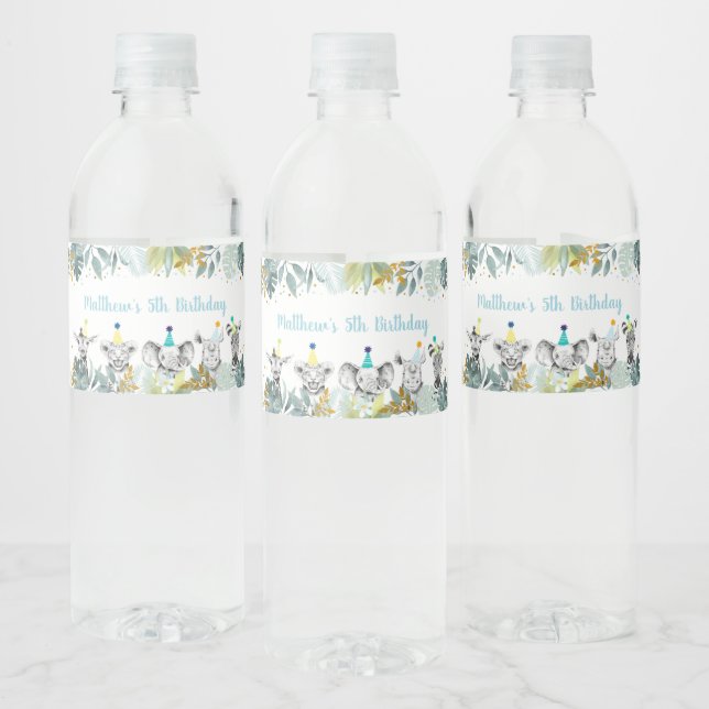 Party Animal Blue Guld Safari Birthday Vattenflaskor Etikett (Flaskor)