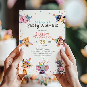 Party Animals 2-års födelsedags Safari Tema Inbjudningar