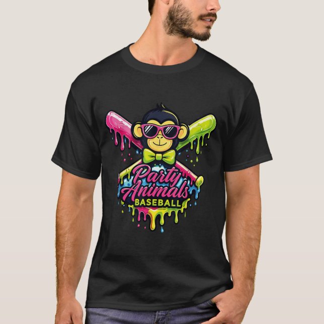 Party Animals Baseball Funny Monkey T Shirt (Framsida)