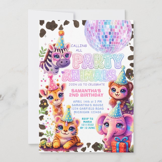 Party Animals Birthday Invitation | Rainbow Disco Inbjudningar (Framsida)