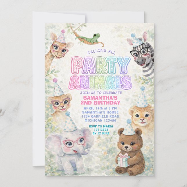 Party Animals Birthday Invitation | Rainbow Safari Inbjudningar (Framsida)