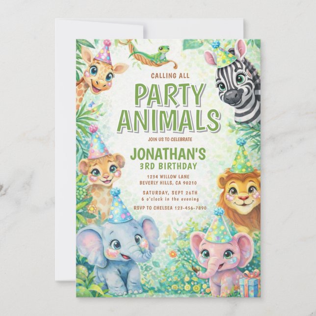 Party Animals Birthday Invitation | Safari Animal  Inbjudningar (Framsida)