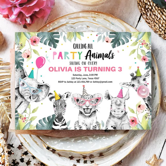Party Animals Birthday Safari Girl Vilda djur Inbjudningar (Skapare uppladdad)