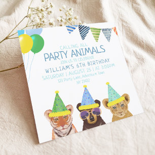 Party Animals Blue Birthday Inbjudningar