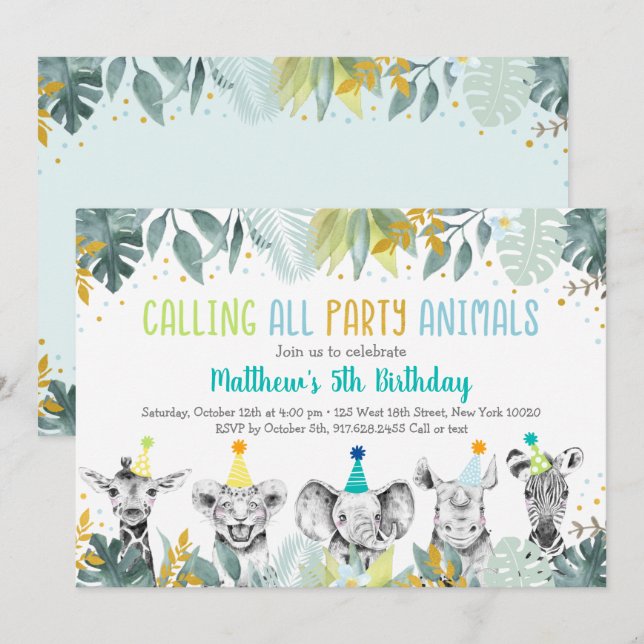 Party Animals Blue Guld Safari Birthday Inbjudningar (Fram/baksida)