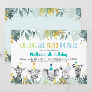 Party Animals Blue Guld Safari Birthday Inbjudningar