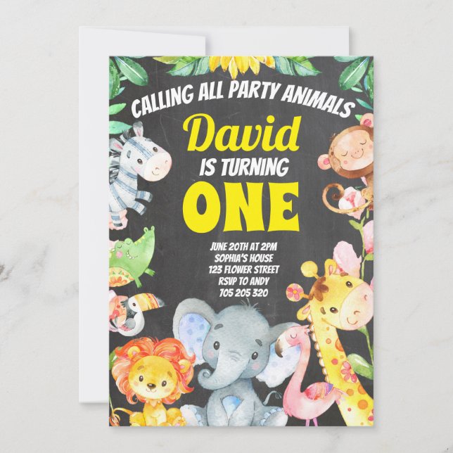 Party Animals Boy Birthday Safari Chalkboard Inbjudningar (Framsida)