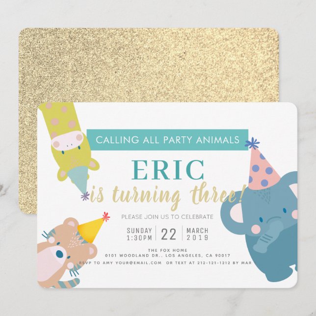 Party Animals Elephant Guld Glitter Boy Birthday Inbjudningar (Fram/baksida)
