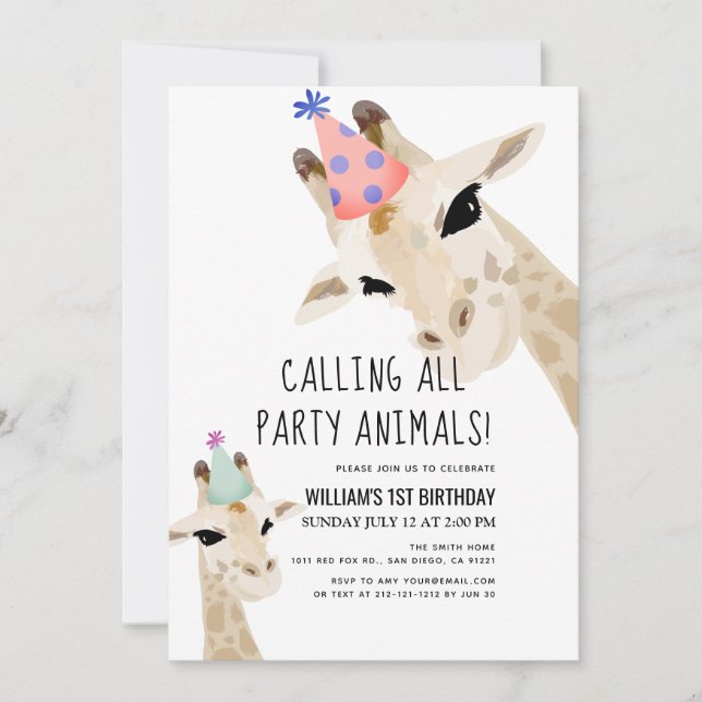 Party Animals Giraffe 1:a födelsedagen Inbjudningar (Framsida)