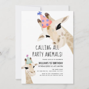 Party Animals Giraffe 1:a födelsedagen Inbjudningar