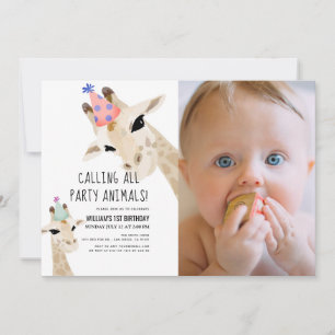 Party Animals Giraffe Photo 1st Birthday Inbjudningar
